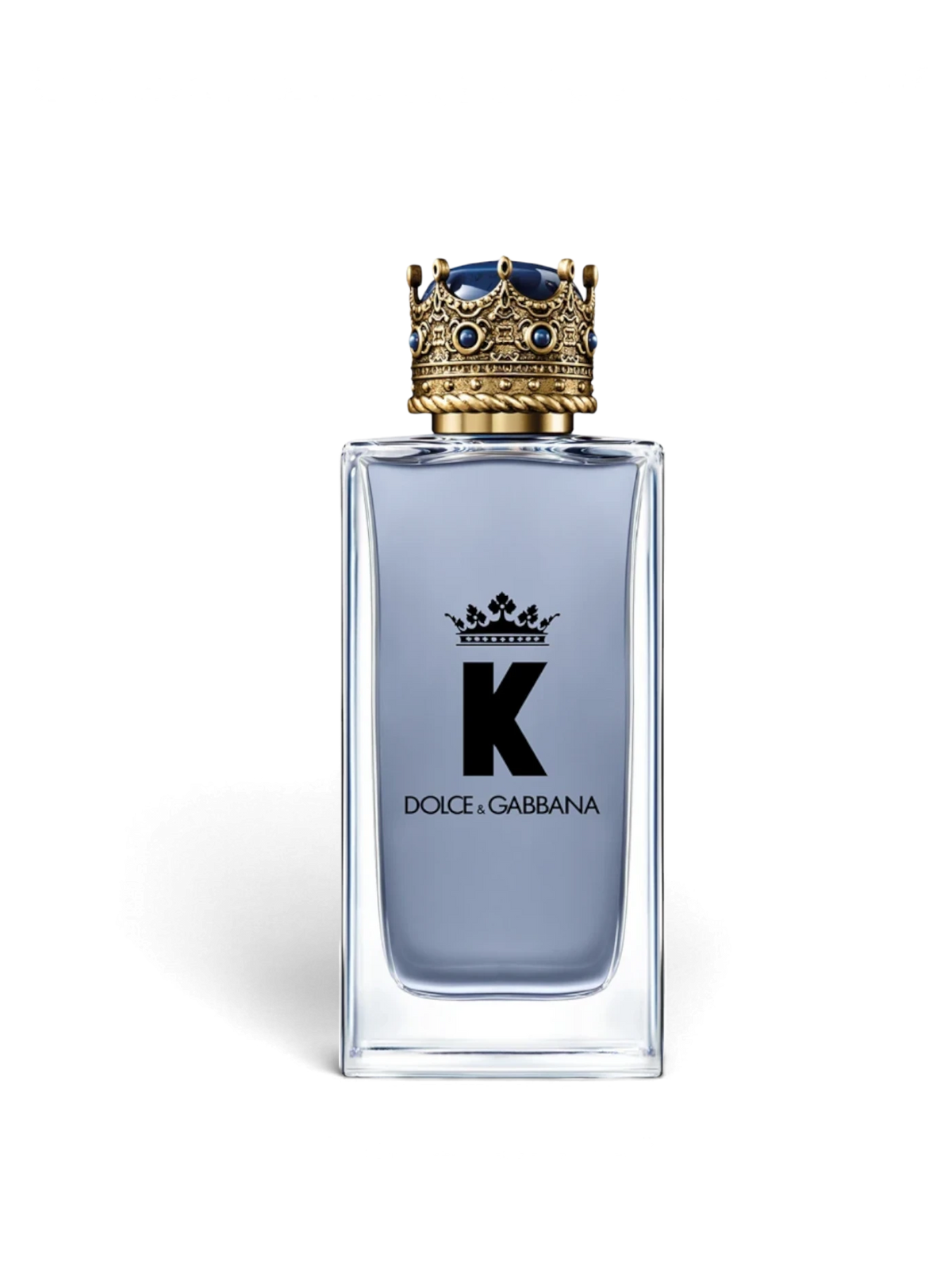 euaden Dolce & Gabbana K erkek parfümü, üzerinde altın renkli kral tacı kapağı bulunan şık cam şişe tasarımı
