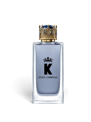euaden Dolce & Gabbana K erkek parfümü, üzerinde altın renkli kral tacı kapağı bulunan şık cam şişe tasarımı