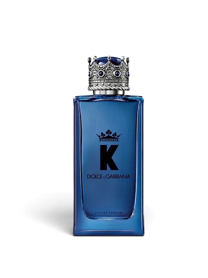 Euaden Dolce & Gabbana K EDP 100 ml erkek parfümü, ikonik taç kapaklı şık mavi cam şişesiyle.