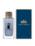 euaden Dolce & Gabbana K erkek parfümü, taç kapaklı 100 ml cam şişe ve lacivert kutusu ile birlikte.