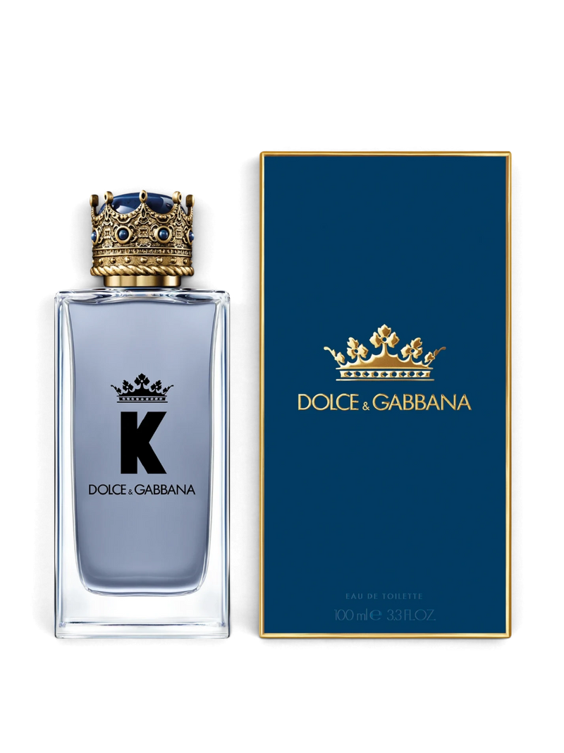 euaden Dolce & Gabbana K erkek parfümü, taç kapaklı 100 ml cam şişe ve lacivert kutusu ile birlikte.