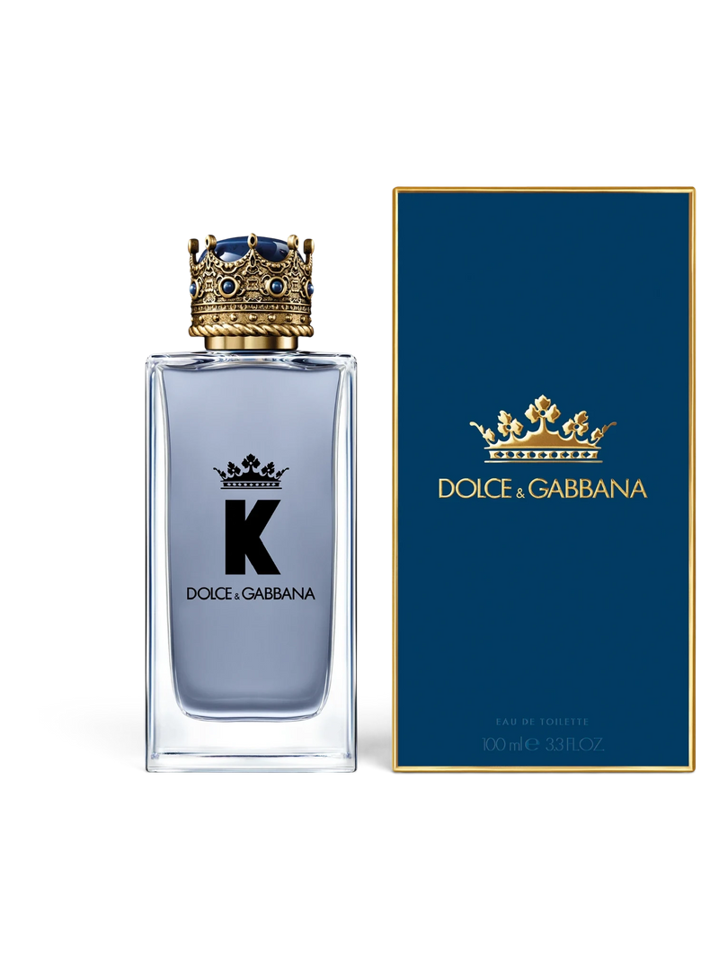 euaden Dolce & Gabbana K erkek parfümü, taç kapaklı 100 ml cam şişe ve lacivert kutusu ile birlikte.