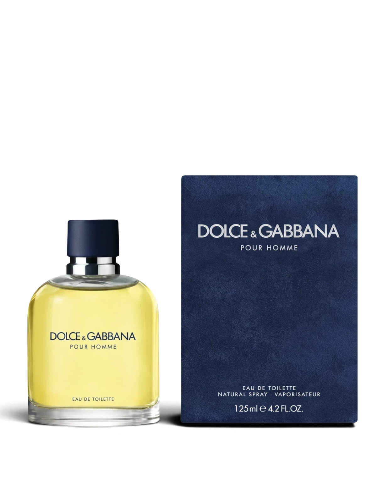 euaden Dolce & Gabbana Pour Homme 125 ml erkek parfümü, şık cam şişesi ve lacivert kadife dokulu kutusu ile.