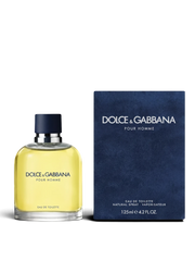 euaden Dolce & Gabbana Pour Homme 125 ml erkek parfümü, şık cam şişesi ve lacivert kadife dokulu kutusu ile.