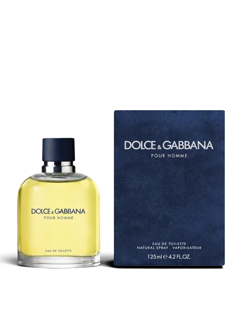 euaden Dolce & Gabbana Pour Homme 125 ml erkek parfümü, şık cam şişesi ve lacivert kadife dokulu kutusu ile.
