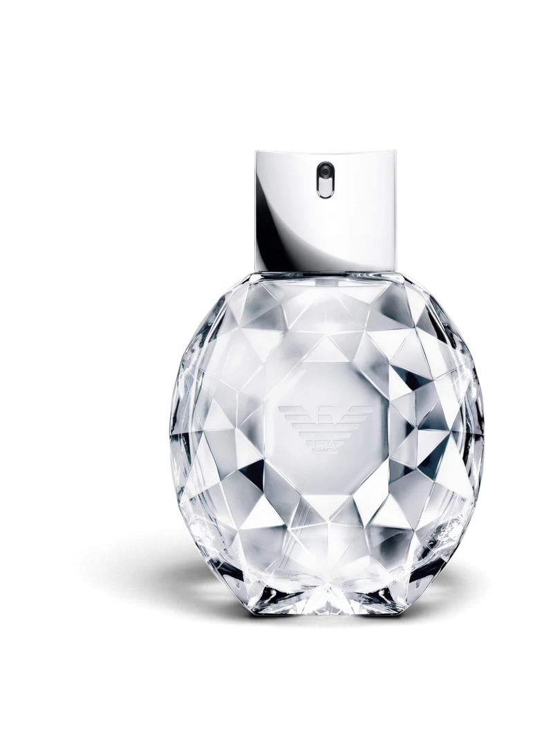 euaden Emporio Armani Diamonds kadın parfümü, elmas kesimli şeffaf cam şişesi ve gümüş detaylarıyla 100 ml EDP