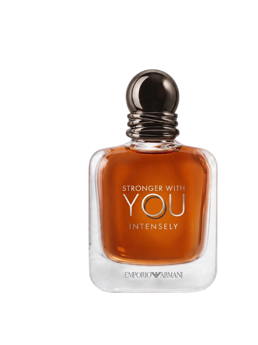 Euaden güvencesiyle Emporio Armani Stronger With You Intensely erkek parfümü, kehribar renkli şık cam şişe tasarımı.