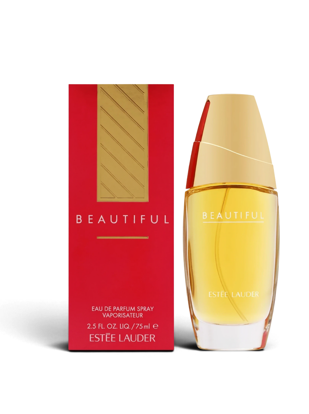 euaden Estée Lauder Beautiful kadın parfümü, 75 ml altın kapaklı cam şişe ve kırmızı kutusu ile zarif çiçeksi koku