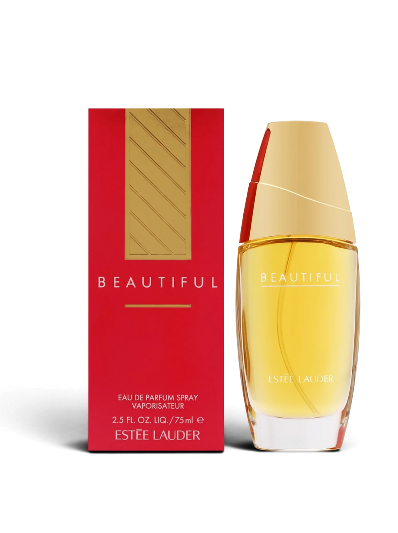 euaden Estée Lauder Beautiful kadın parfümü, 75 ml altın kapaklı cam şişe ve kırmızı kutusu ile zarif çiçeksi koku
