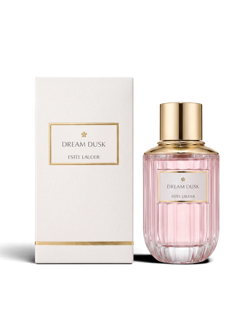 euaden Estée Lauder Dream Dusk kadın parfümü, pembe cam şişesi ve zarif beyaz kutusu ile çiçeksi ve meyvemsi koku