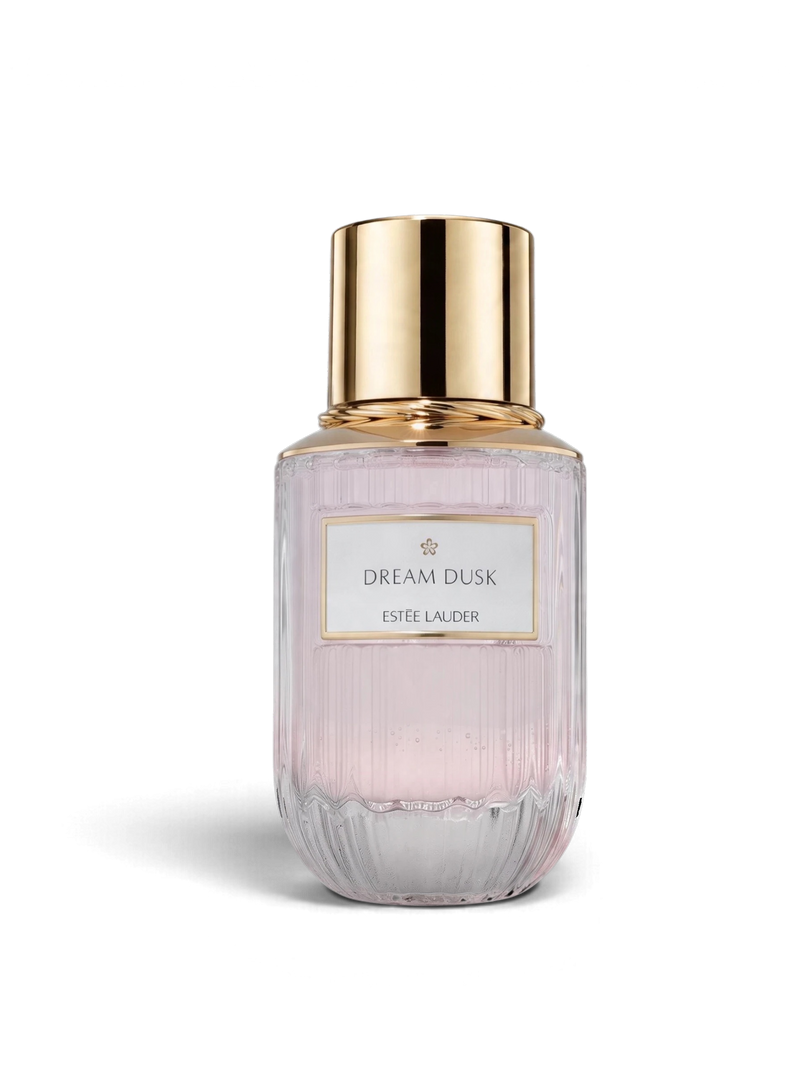 euaden Estée Lauder Dream Dusk kadın parfümü, altın kapaklı şık cam şişesi ve pembe çiçeksi kokusuyla zarif bir tasarım.