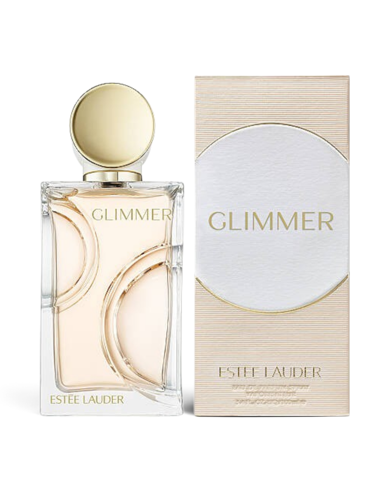 euaden Estee Lauder Glimmer 100 ml kadın parfümü, şık cam şişesi ve zarif kutusu ile beyaz arka planda