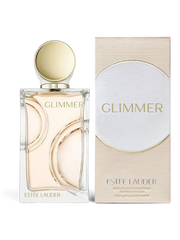 euaden Estee Lauder Glimmer 100 ml kadın parfümü, şık cam şişesi ve zarif kutusu ile beyaz arka planda
