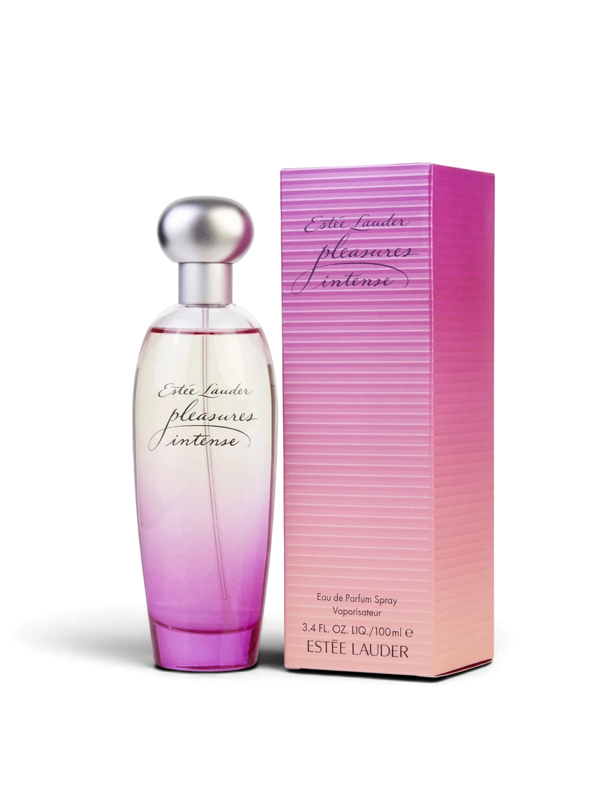 euaden Estée Lauder Pleasures Intense kadın parfümü, pembe ve şeftali tonlarında şık cam şişe ve kutu tasarımı