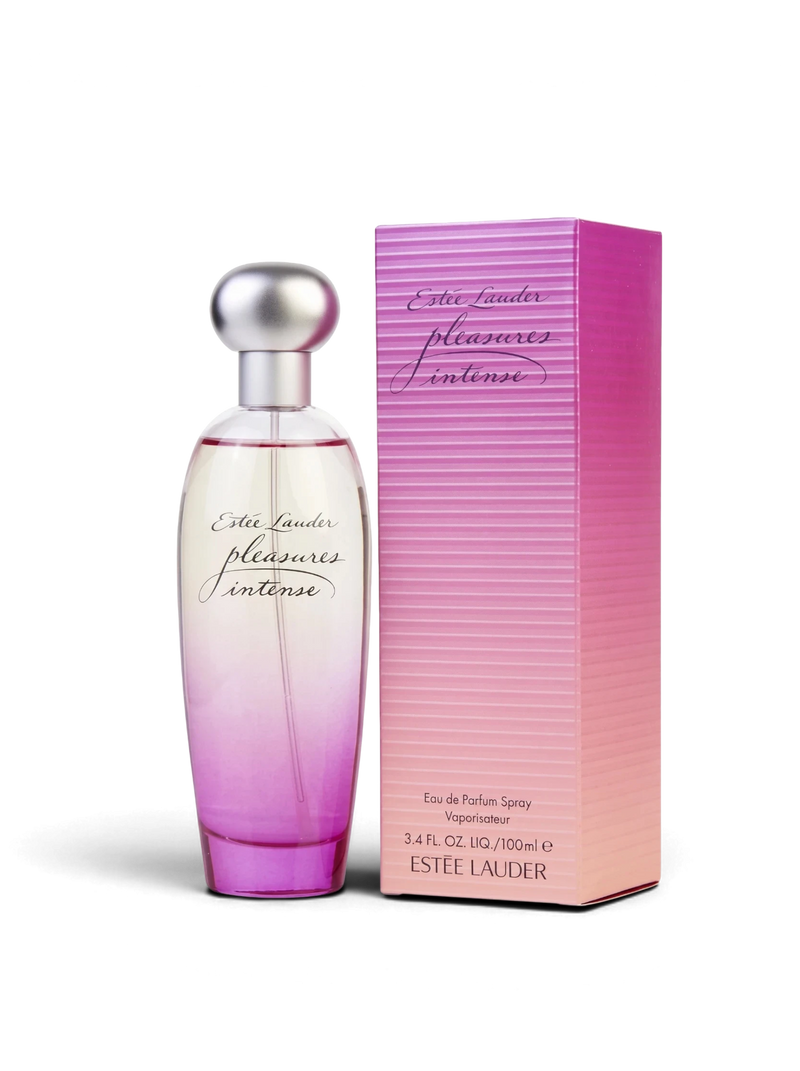 euaden Estée Lauder Pleasures Intense kadın parfümü, pembe ve şeftali tonlarında şık cam şişe ve kutu tasarımı
