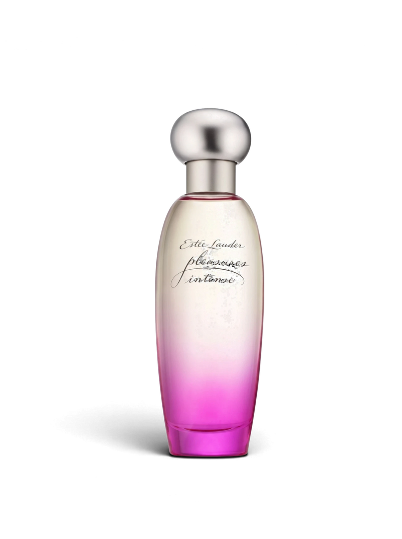 euaden Estée Lauder Pleasures Intense kadın parfümü, pembe ve şeffaf geçişli zarif cam şişesiyle çiçeksi koku.