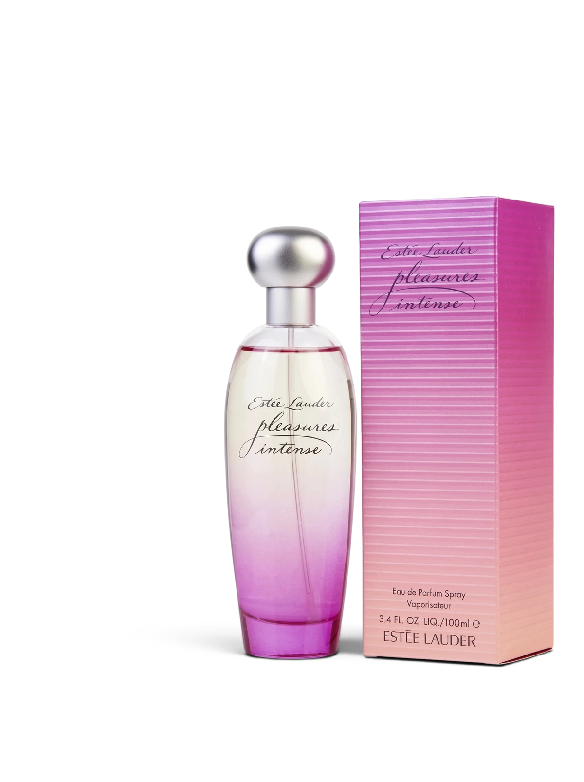 euaden Estée Lauder Pleasures Intense kadın parfümü, pembe ve şeftali tonlarında şık cam şişe ve kutu tasarımı