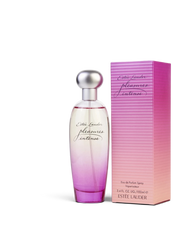 euaden Estée Lauder Pleasures Intense kadın parfümü, pembe ve şeftali tonlarında şık cam şişe ve kutu tasarımı