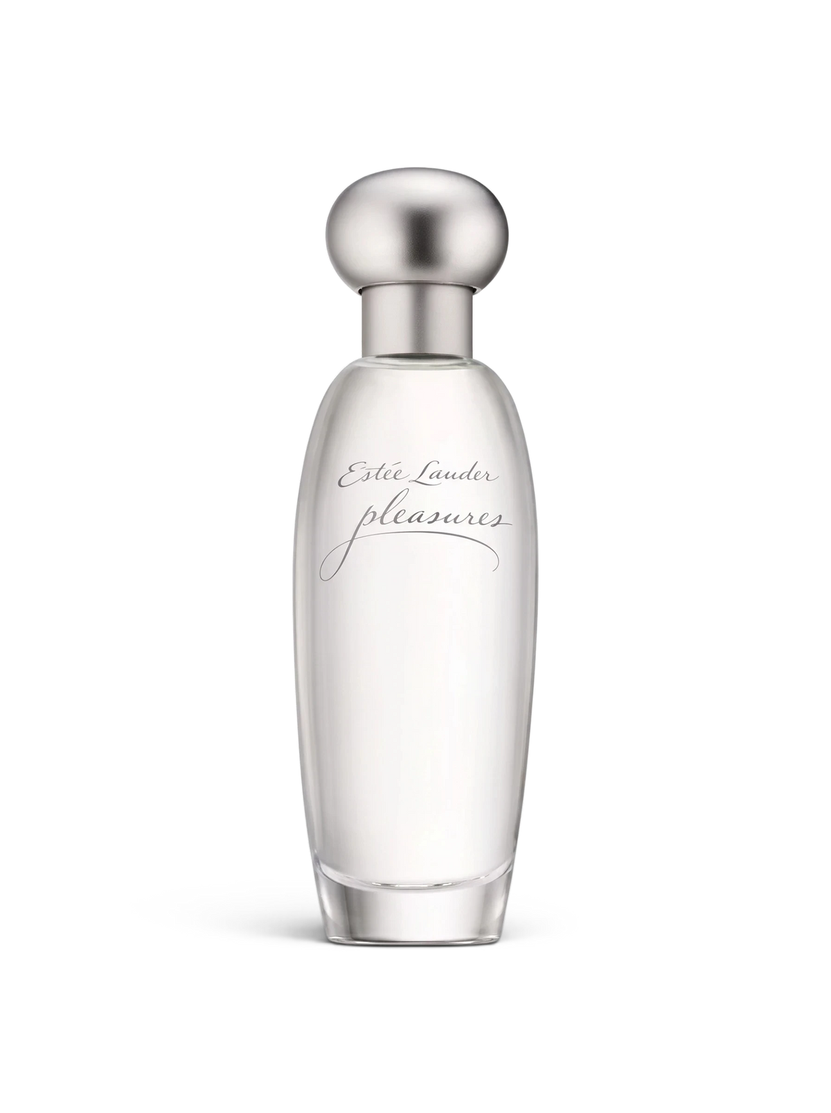 euaden Estée Lauder Pleasures kadın parfümü, 100 ml şeffaf cam şişesi ve zarif gümüş kapağı ile çiçeksi koku.