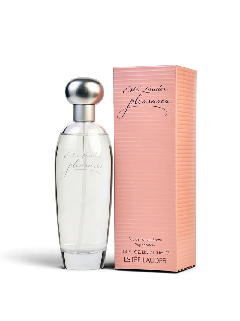 euaden Estée Lauder Pleasures kadın parfümü 100 ml şeffaf cam şişe ve pembe kutusu ile çiçeksi koku