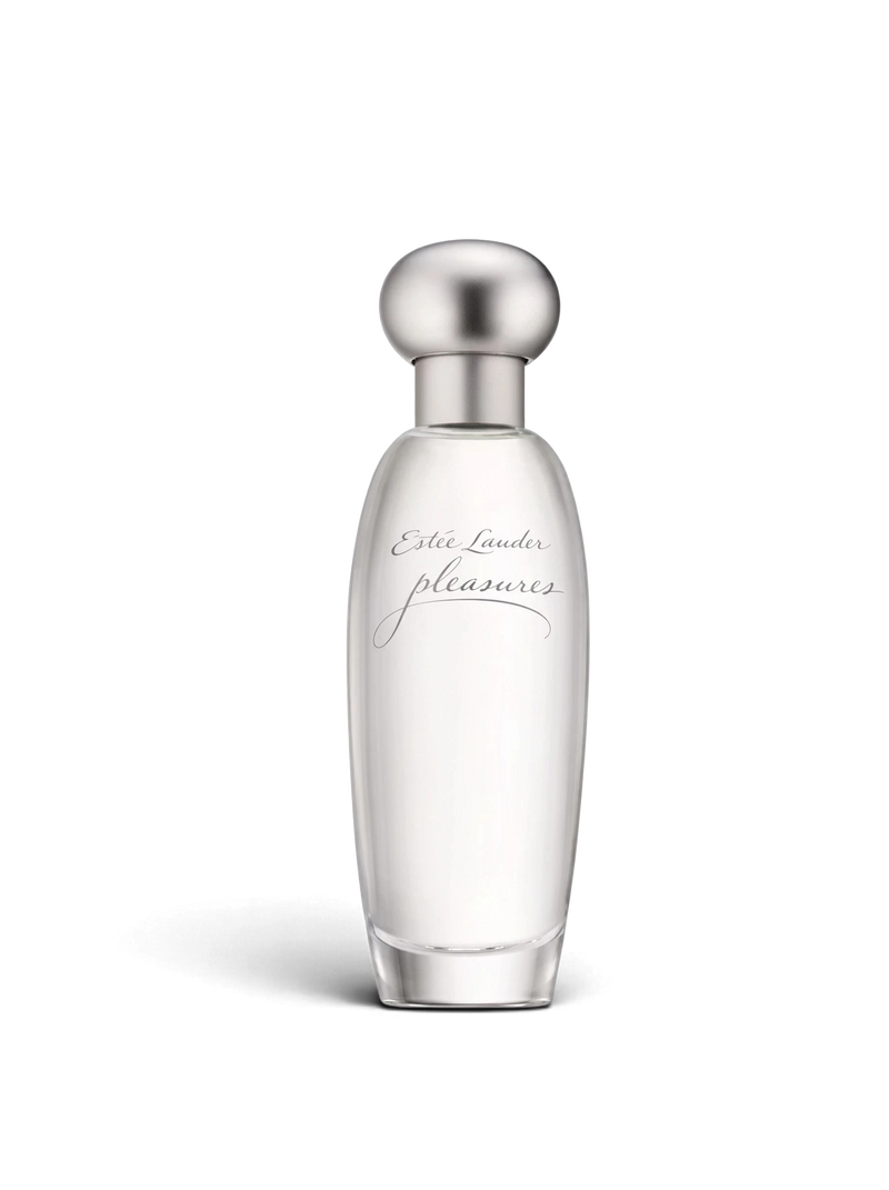 euaden Estée Lauder Pleasures kadın parfümü, 100 ml şeffaf cam şişesi ve zarif gümüş kapağı ile çiçeksi koku.