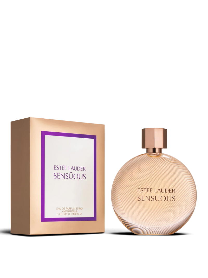 euaden Estée Lauder Sensuous kadın parfümü, altın rengi şişesi ve şık kutusuyla zarif odunsu çiçeksi koku