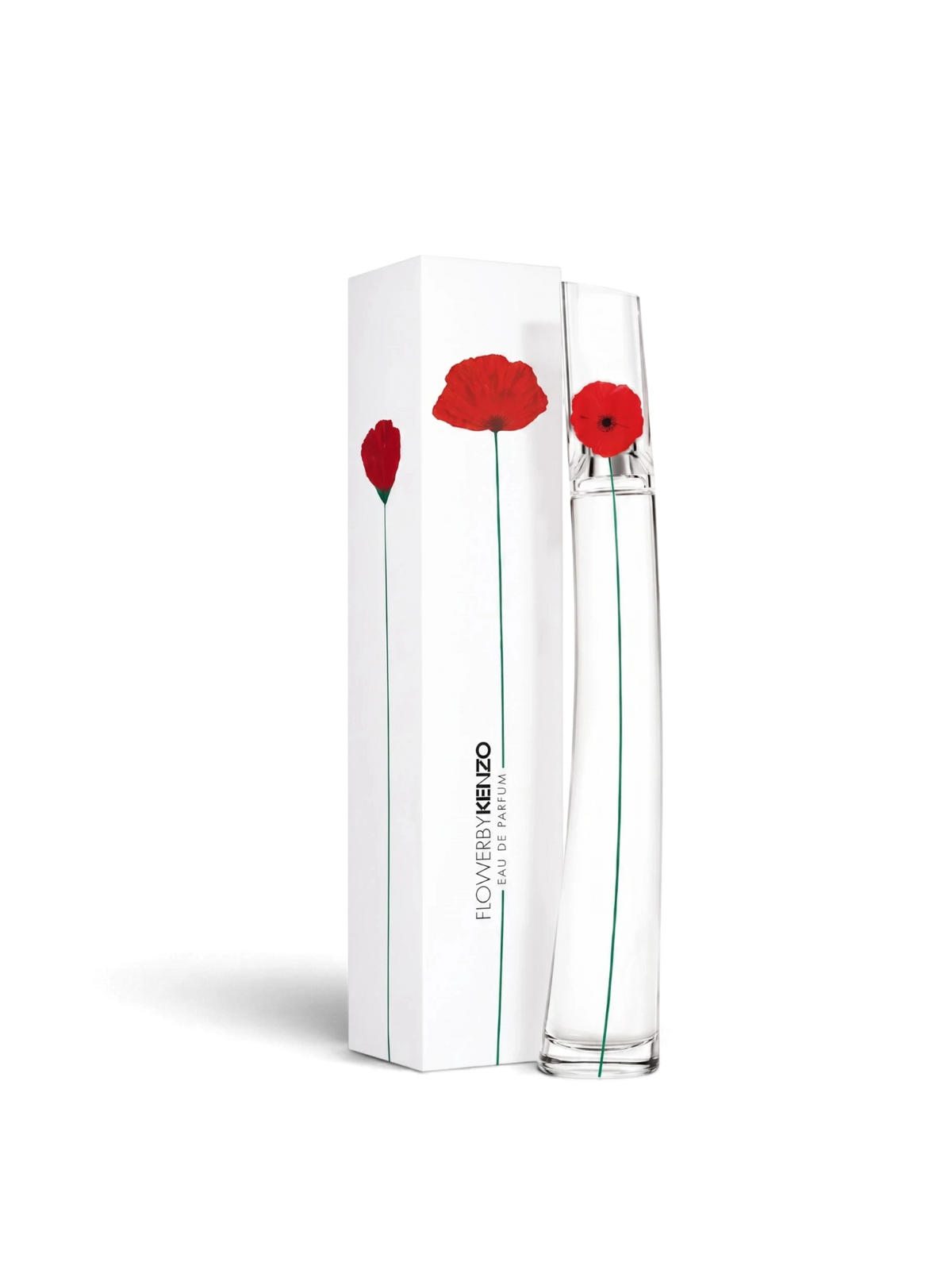 euaden Flower by Kenzo kadın parfümü, üzerinde kırmızı gelincik deseni bulunan ikonik uzun cam şişe ve kutusu