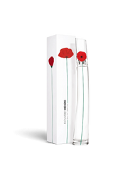 euaden Flower by Kenzo kadın parfümü, üzerinde kırmızı gelincik deseni bulunan ikonik uzun cam şişe ve kutusu