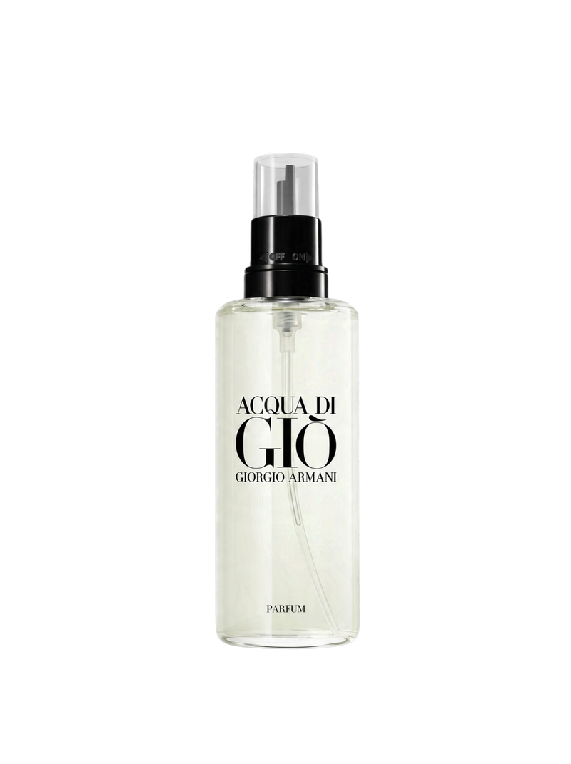 euaden Giorgio Armani Acqua Di Gio erkek parfüm dolum şişesi, şeffaf cam ambalaj ve siyah sprey başlığı ile
