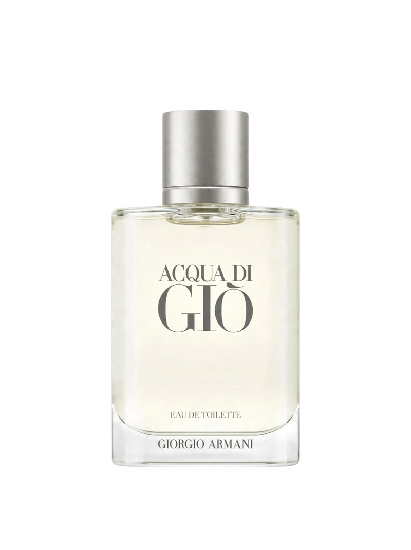 euaden Giorgio Armani Acqua Di Gio erkek parfümü, şeffaf cam şişede açık renkli deniz esintili EDT kokusu