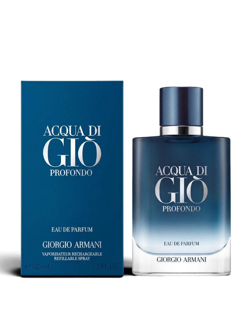 euaden Giorgio Armani Acqua Di Gio Profondo erkek parfümü, koyu mavi degradeli cam şişesi ve kutusu ile