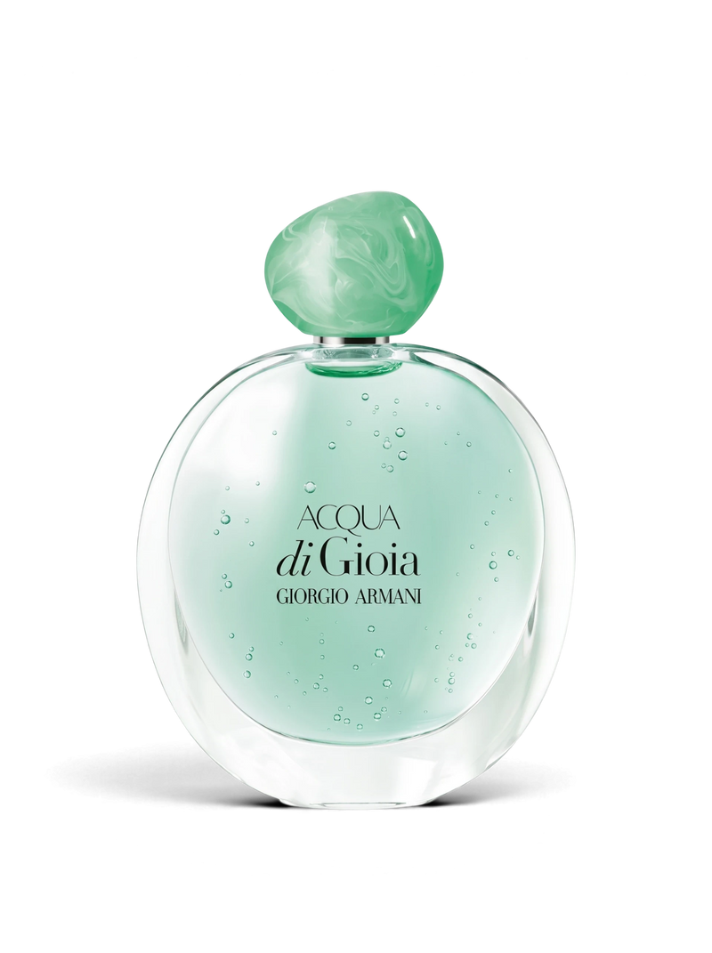 euaden Giorgio Armani Acqua di Gioia 100 ml kadın parfümü, su damlası görünümlü şık cam şişe ve yeşil kapak tasarımı