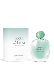 euaden Giorgio Armani Acqua di Gioia 100 ml kadın parfümü, şık cam şişesi ve ferah yeşil tonlarıyla beyaz arka planda