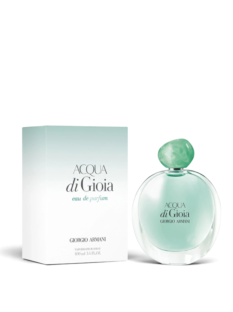 euaden Giorgio Armani Acqua di Gioia 100 ml kadın parfümü, şık cam şişesi ve ferah yeşil tonlarıyla beyaz arka planda