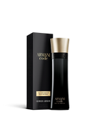 Euaden Giorgio Armani Code EDP erkek parfümü, siyah şık şişesi ve altın detaylı kapağı ile kutusuyla birlikte.