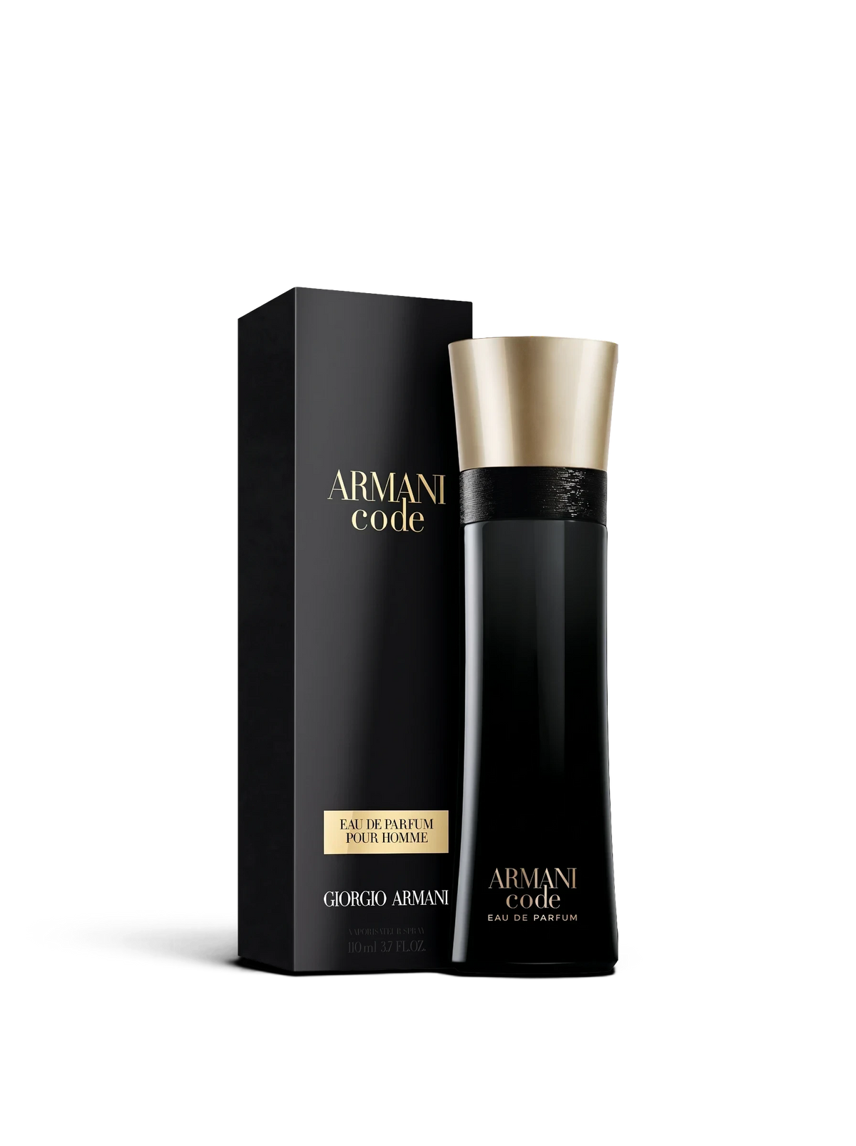 Euaden Giorgio Armani Code EDP erkek parfümü, siyah şık şişesi ve altın detaylı kapağı ile kutusuyla birlikte.