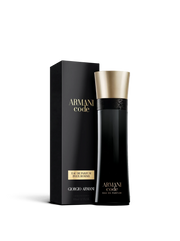 Euaden Giorgio Armani Code EDP erkek parfümü, siyah şık şişesi ve altın detaylı kapağı ile kutusuyla birlikte.