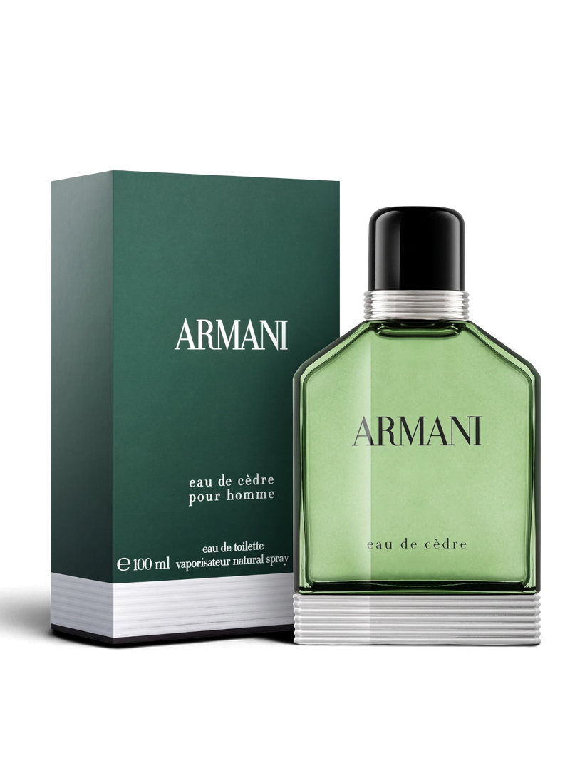 euaden Giorgio Armani Eau de Cèdre erkek parfümü, 100 ml yeşil cam şişe ve kutu tasarımı