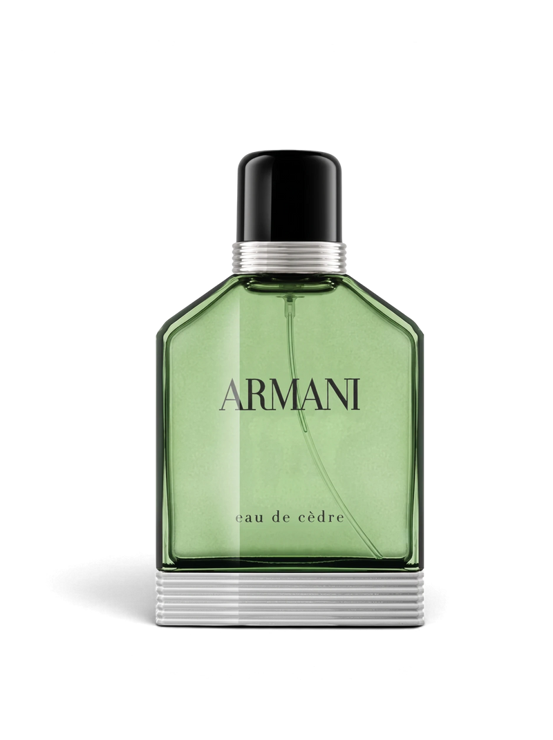 euaden Giorgio Armani Eau de Cèdre erkek parfümü, şık yeşil cam şişesi ve gümüş detaylarıyla sofistike bir tasarım.