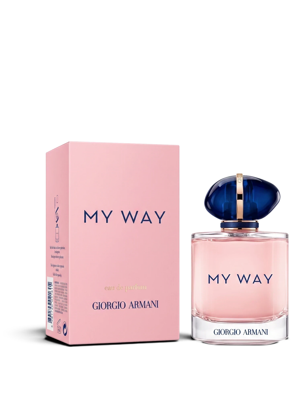 euaden Giorgio Armani My Way kadın parfümü, pembe şişesi ve lacivert kapak tasarımı ile şık bir kutu içerisinde.