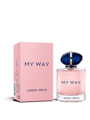euaden Giorgio Armani My Way kadın parfümü, pembe şişesi ve lacivert kapak tasarımı ile şık bir kutu içerisinde.