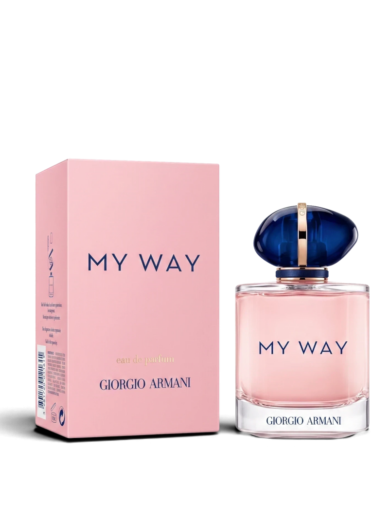 euaden Giorgio Armani My Way kadın parfümü, pembe şişesi ve lacivert kapak tasarımı ile şık bir kutu içerisinde.
