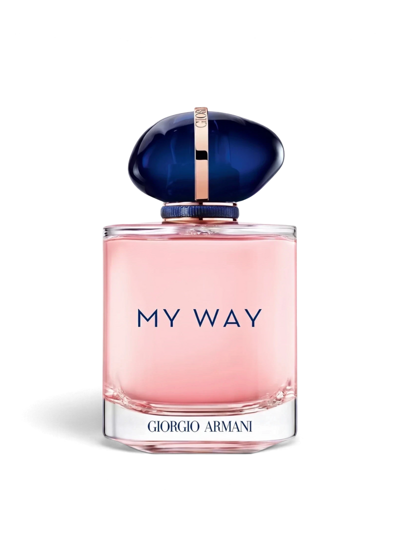 euaden Giorgio Armani My Way kadın parfümü, pembe cam şişesi ve lacivert taş görünümlü kapağı ile zarif tasarım