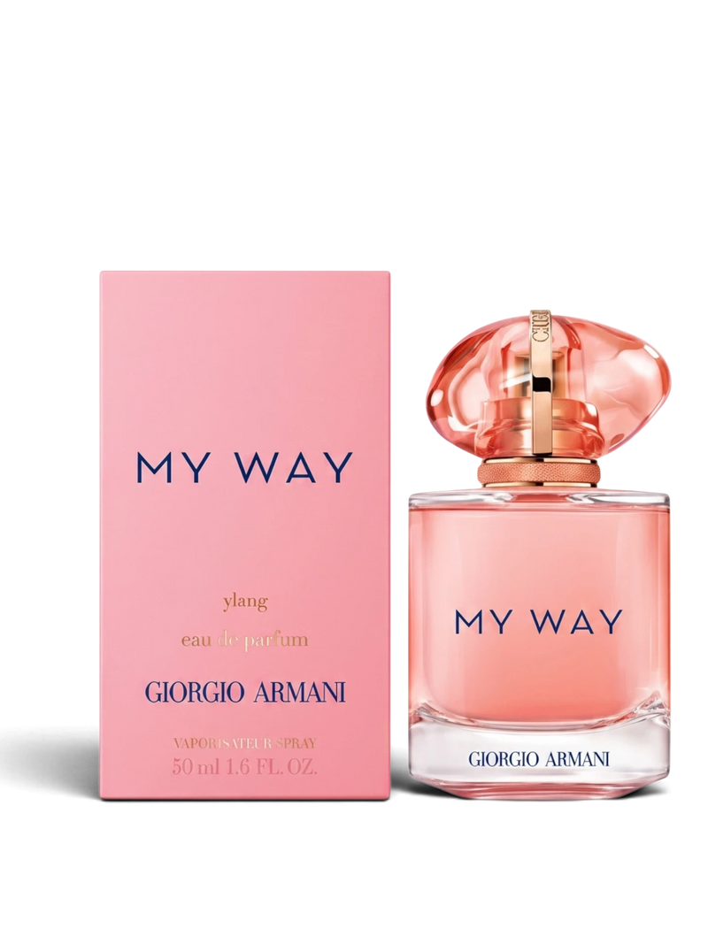 euaden Giorgio Armani My Way Ylang kadın parfümü, pembe kutusu ve zarif cam şişesiyle egzotik çiçeksi koku