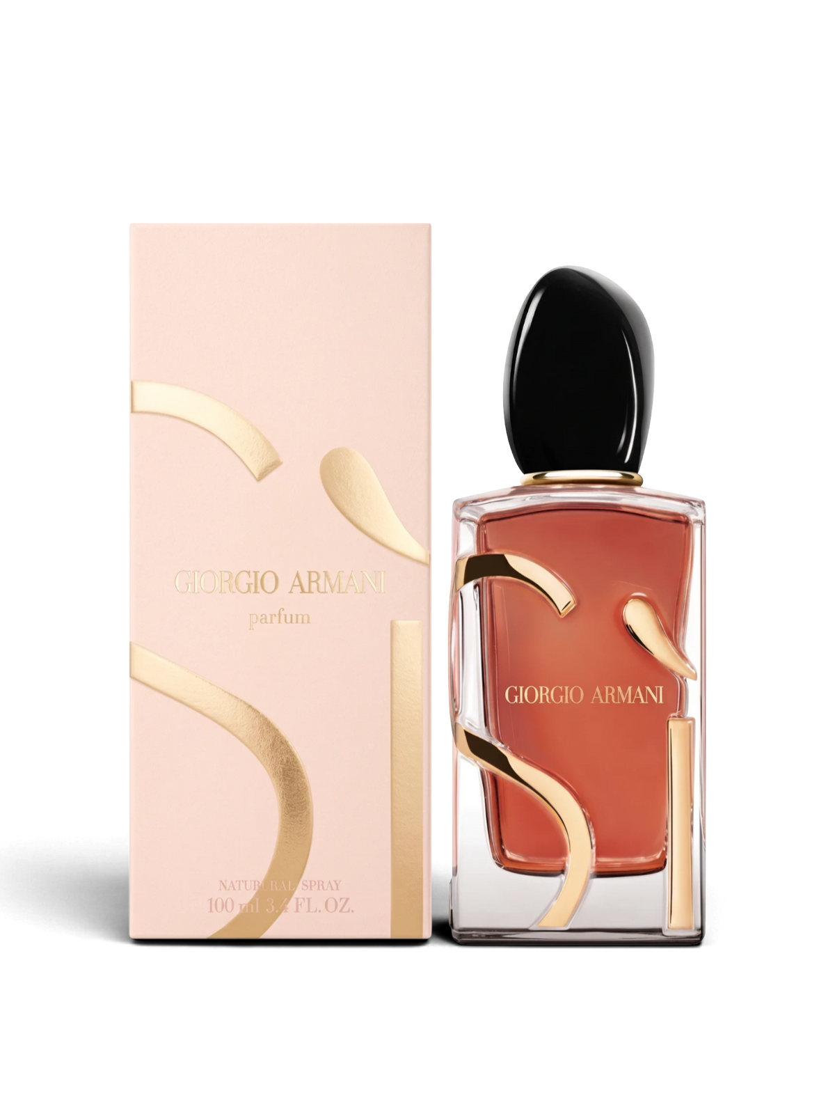 euaden Giorgio Armani Si Parfum 100 ml kadın parfümü, şık cam şişesi ve pembe kutusuyla zarif bir sunumda.