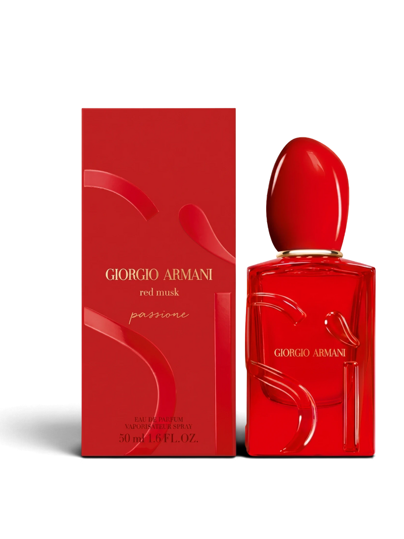 euaden Giorgio Armani Si Passione Red Musk kadın parfümü, kırmızı cam şişesi ve uyumlu kırmızı kutusu ile