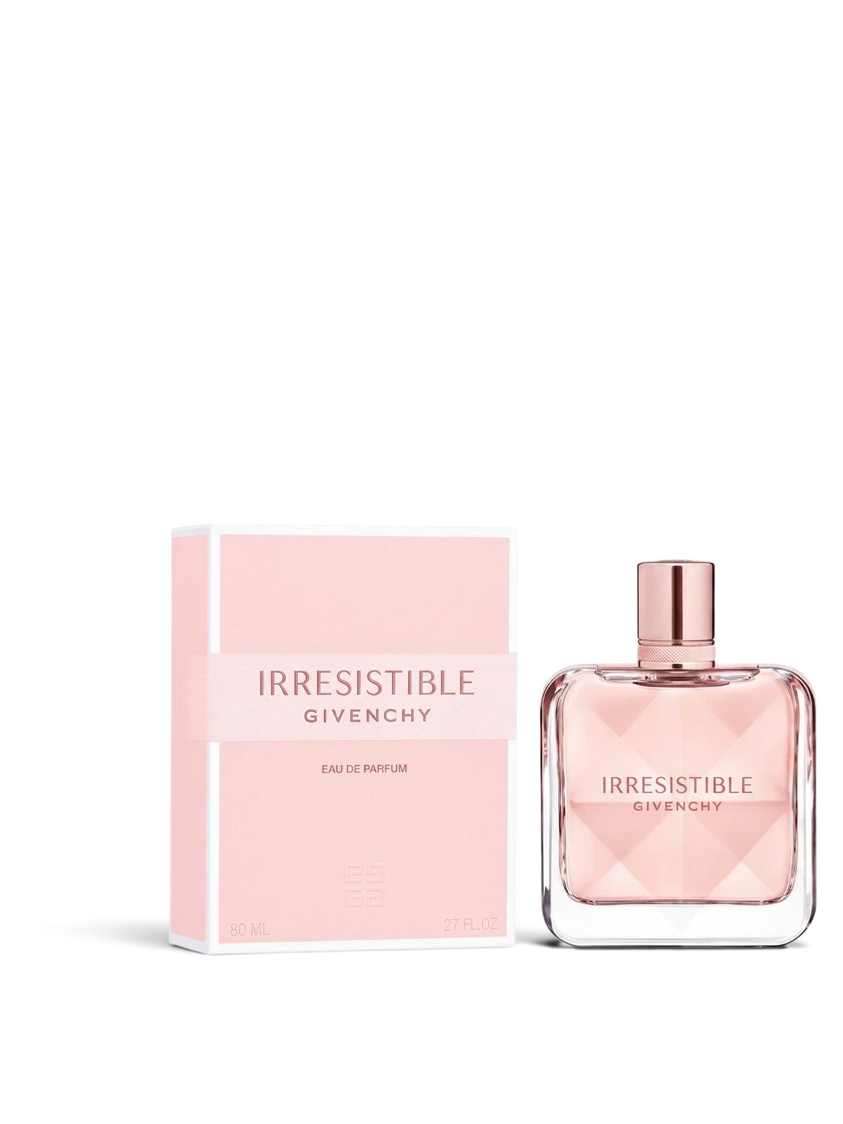 euaden Givenchy Irresistible kadın parfümü 80 ml, pembe cam şişesi ve şık kutusuyla zarif çiçeksi koku