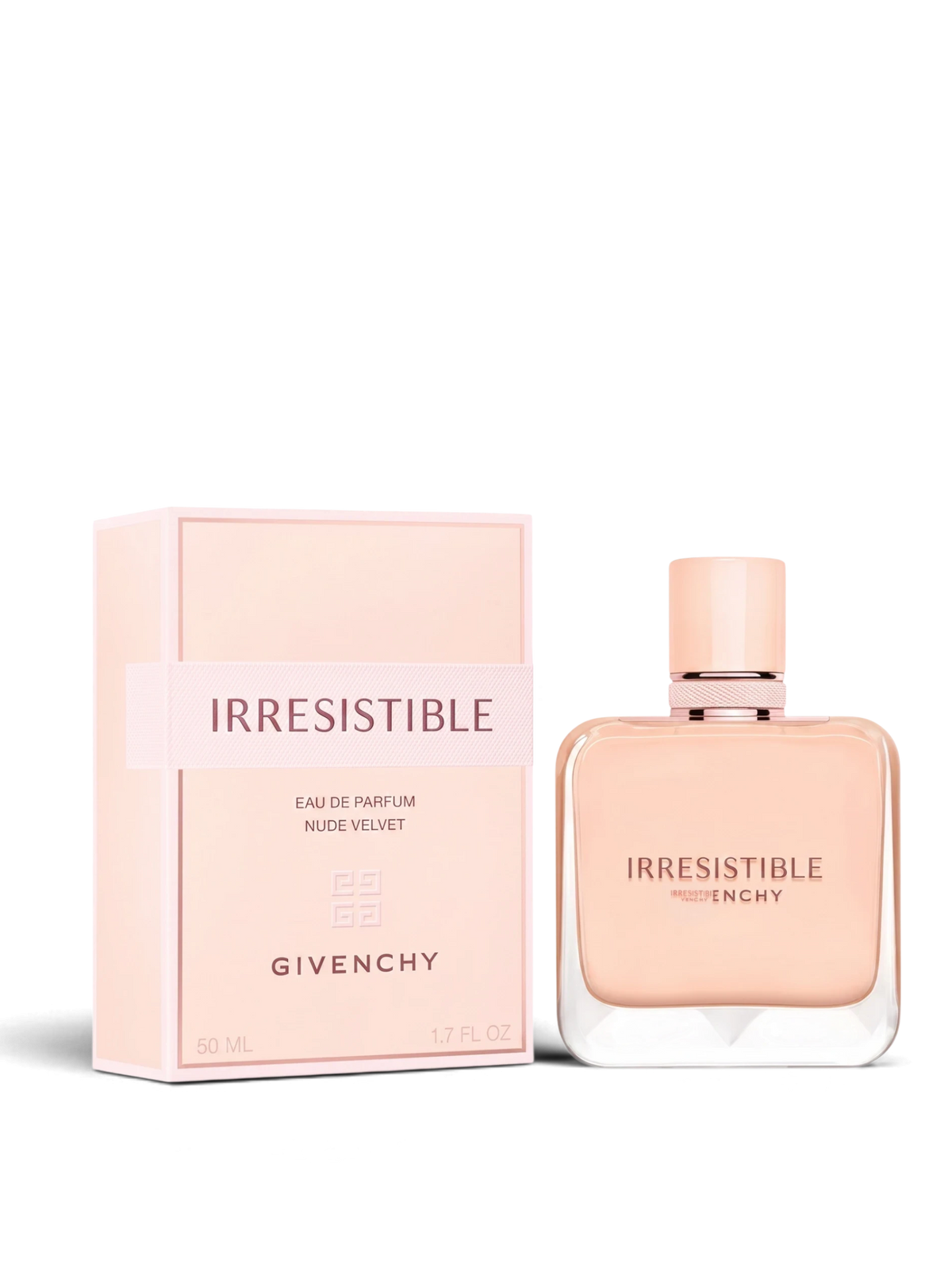 euaden Givenchy Irresistible Nude Velvet kadın parfümü, şık cam şişesi ve pudra pembesi kutusu ile zarif tasarım.