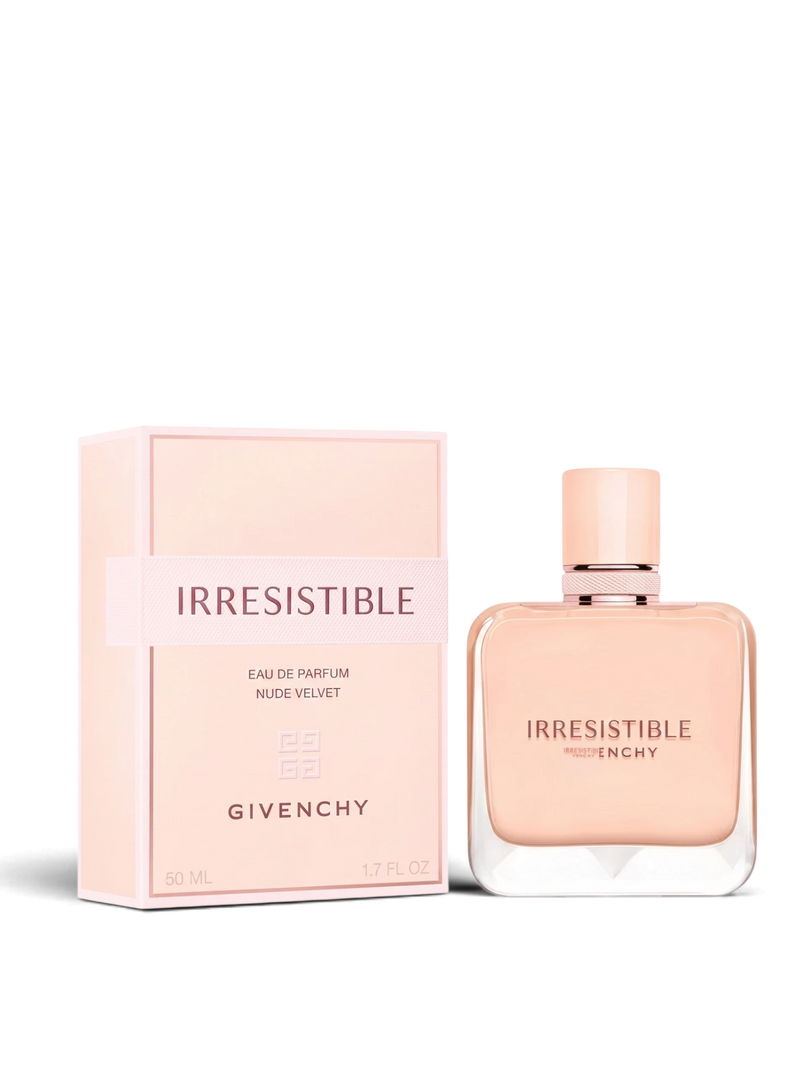 euaden Givenchy Irresistible Nude Velvet kadın parfümü, şık cam şişesi ve pudra pembesi kutusu ile zarif tasarım.