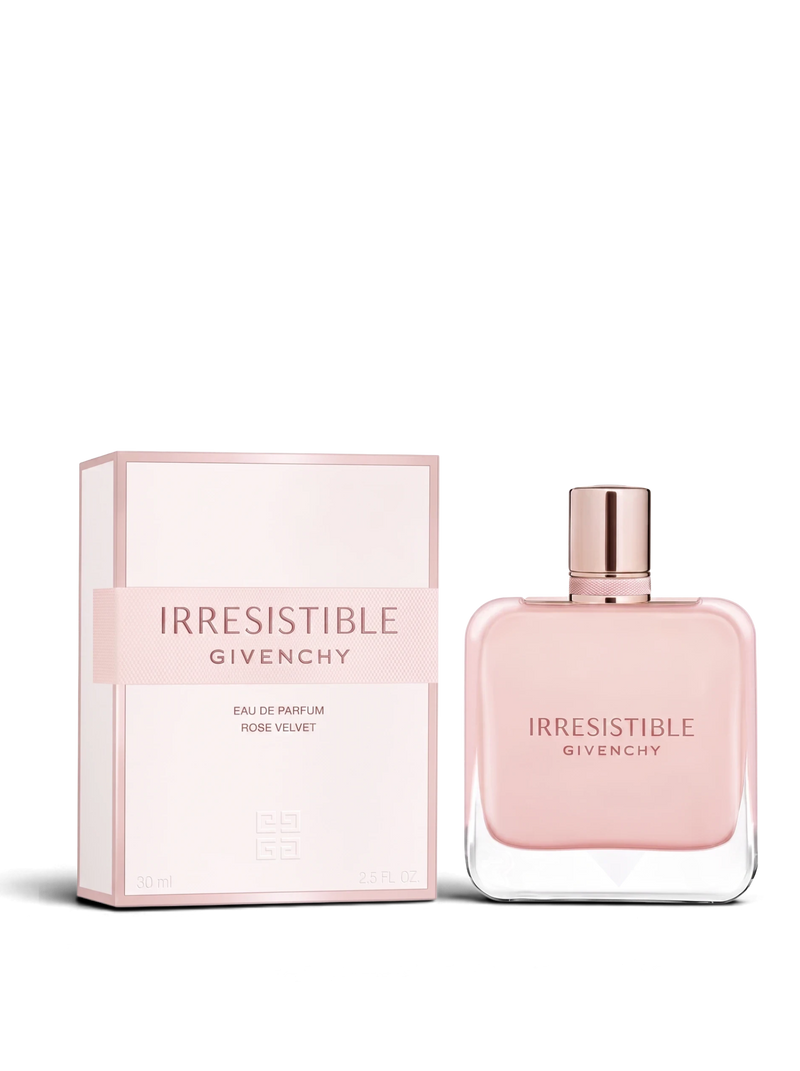euaden Givenchy Irresistible Rose Velvet kadın parfümü, şık pembe cam şişesi ve uyumlu kutu tasarımı ile.